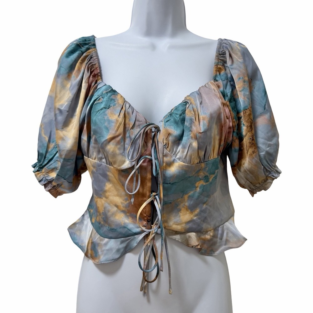 Womens Satin Tie Front Babydoll Puff Sleeve Top Size M Blue Coquette Ethereal